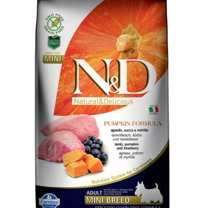 Farmina N&D Mini breed Adult Pumpkin Formula сухой корм для взрослых собак мелких пород с ягненком, черникой и тыквой 800 гр. 