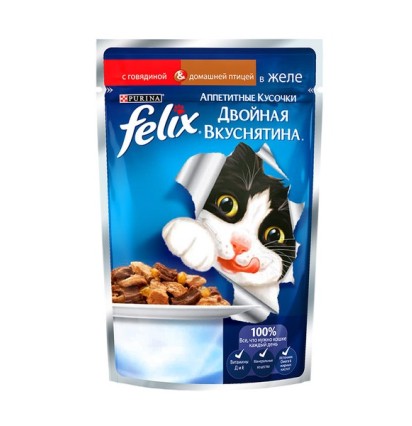 FELIX Двойная вкуснятина для кошек с говядиной и домашней птицей в желе 85 гр.