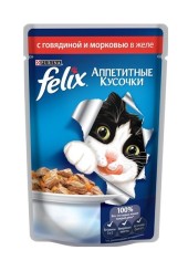 FELIX Аппетитные кусочки для кошек с говядиной и морковью в желе 85 гр.