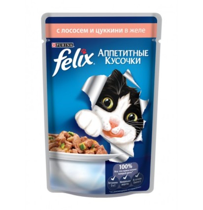 FELIX Аппетитные кусочки для кошек с лососем и цуккини в желе 85 гр.