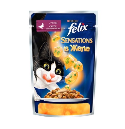 FELIX Sensations для кошек с уткой в желе со шпинатом 85 гр.