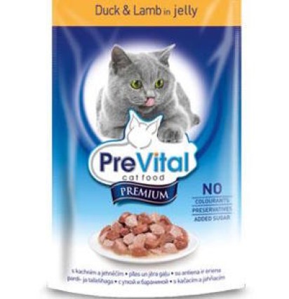 PreVital Premium консервы для кошек с кусочками утки и ягненка в желе пауч 100 гр.