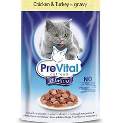 PreVital Premium консервы для кошек с кусочками курицы и индейки в соусе пауч 100 гр. 