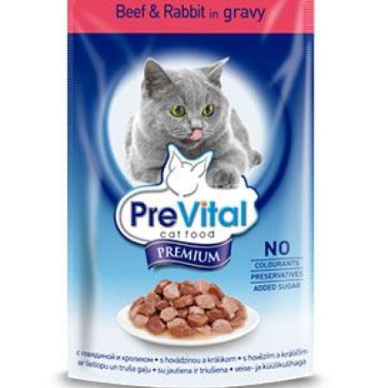 PreVital Premium консервы для кошек с кусочками говядины и кролика в соусе пауч 100 гр. 